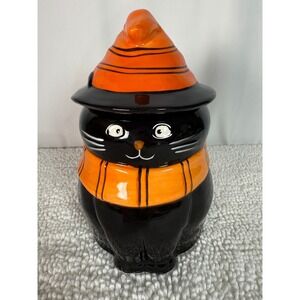 Halloween Black Cat Treat Jar Orange Witch Hat Ceramic Spooky Decor